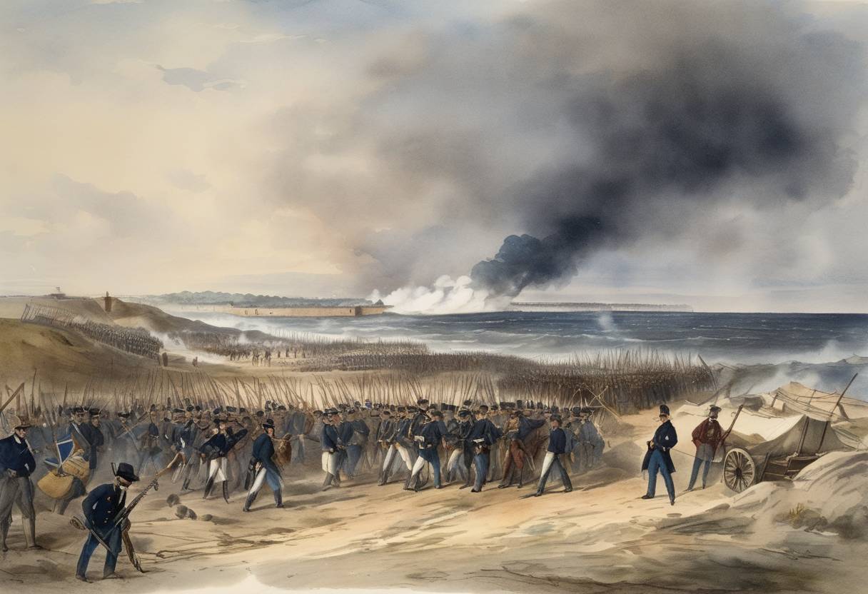 Watercolor painting based depiction of During the American Civil War, Union forces capture Fort Wagner in South Carolina after Confederate evacuation, marking a strategic victory for the Union. (1863)