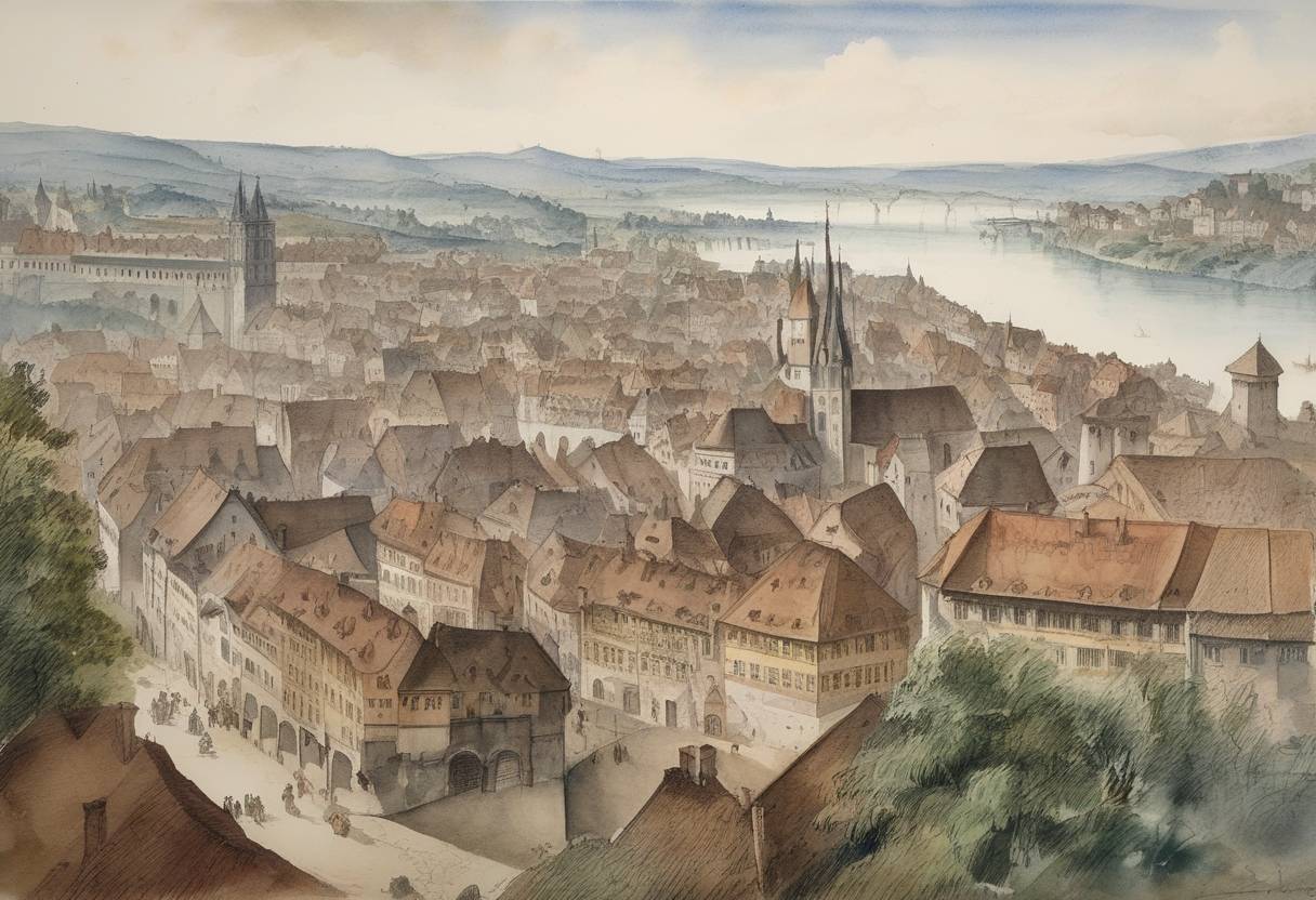 Watercolor painting based depiction of The Treaty of Basel was signed between Switzerland and France, marking an important step in the ongoing Italian Wars. This treaty granted Basel status as a free city within the Holy Roman Empire, affirming its position as a neutral entity in the conflicts between France and the Habsburgs. (1499)