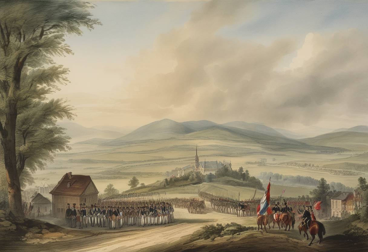 Watercolor painting based depiction of The Treaty of Pressburg was signed between France and Austria following France's victory at the Battle of Austerlitz. The treaty resulted in significant territorial losses for Austria and marked the end of the War of the Third Coalition. (1805)