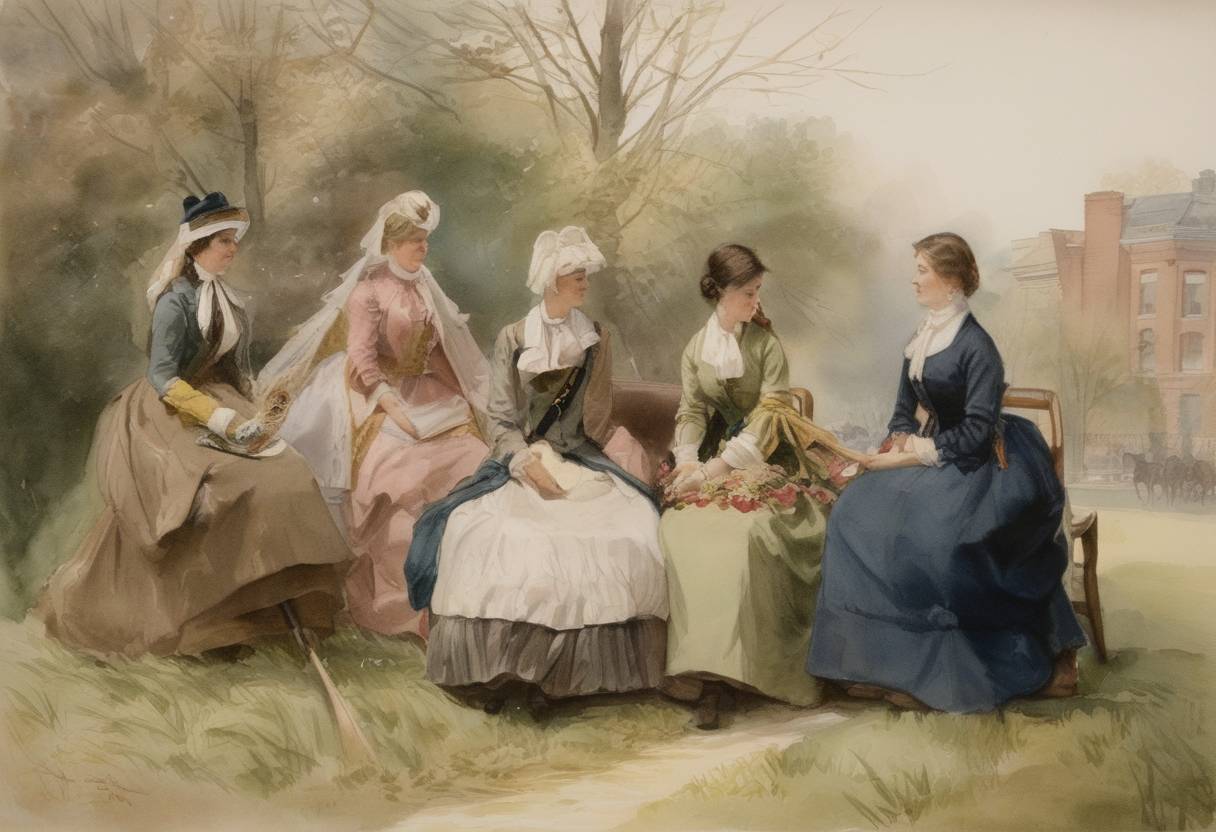 Watercolor painting based depiction of The Daughters of the American Revolution (DAR) is founded as a lineage-based membership service organization for women who are directly descended from a person involved in the United States' independence efforts. (1890)