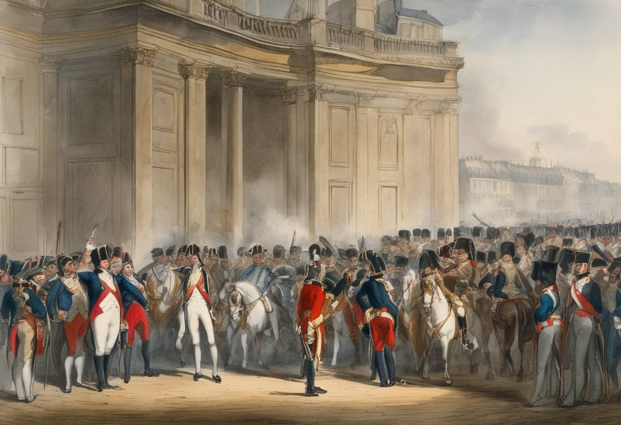 Watercolor painting based depiction of The coup d'état of 18 Brumaire is declared to establish Napoleon Bonaparte as First Consul of France, effectively ending the French Revolution. (1799)