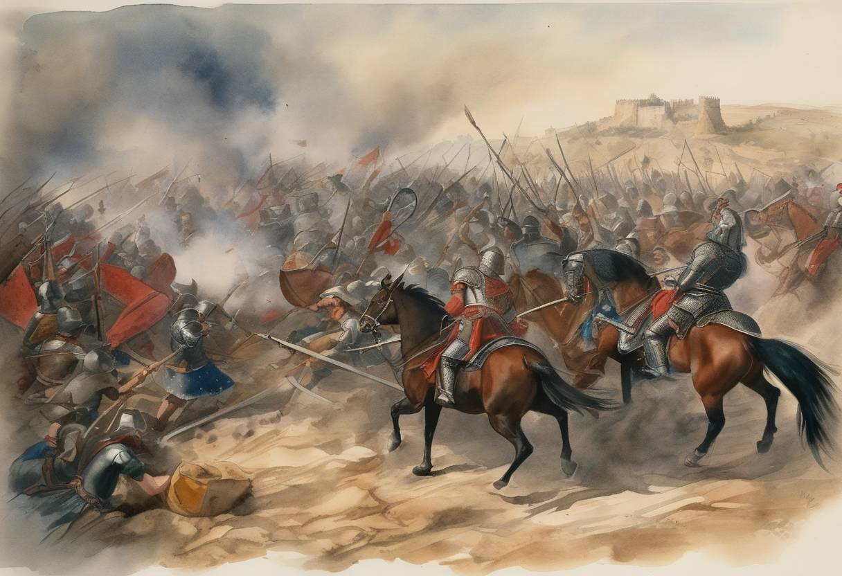 Watercolor painting based depiction of At the Battle of Nájera, the English aided Pedro of Castile in defeating the forces of his half-brother, Henry of Trastámara, during the Castilian Civil War. (1367)