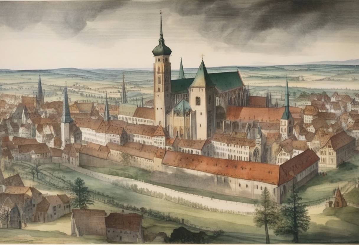Watercolor painting based depiction of The Peace of Augsburg was signed, ending the conflict between Catholic and Lutheran rulers in the Holy Roman Empire. (1555)