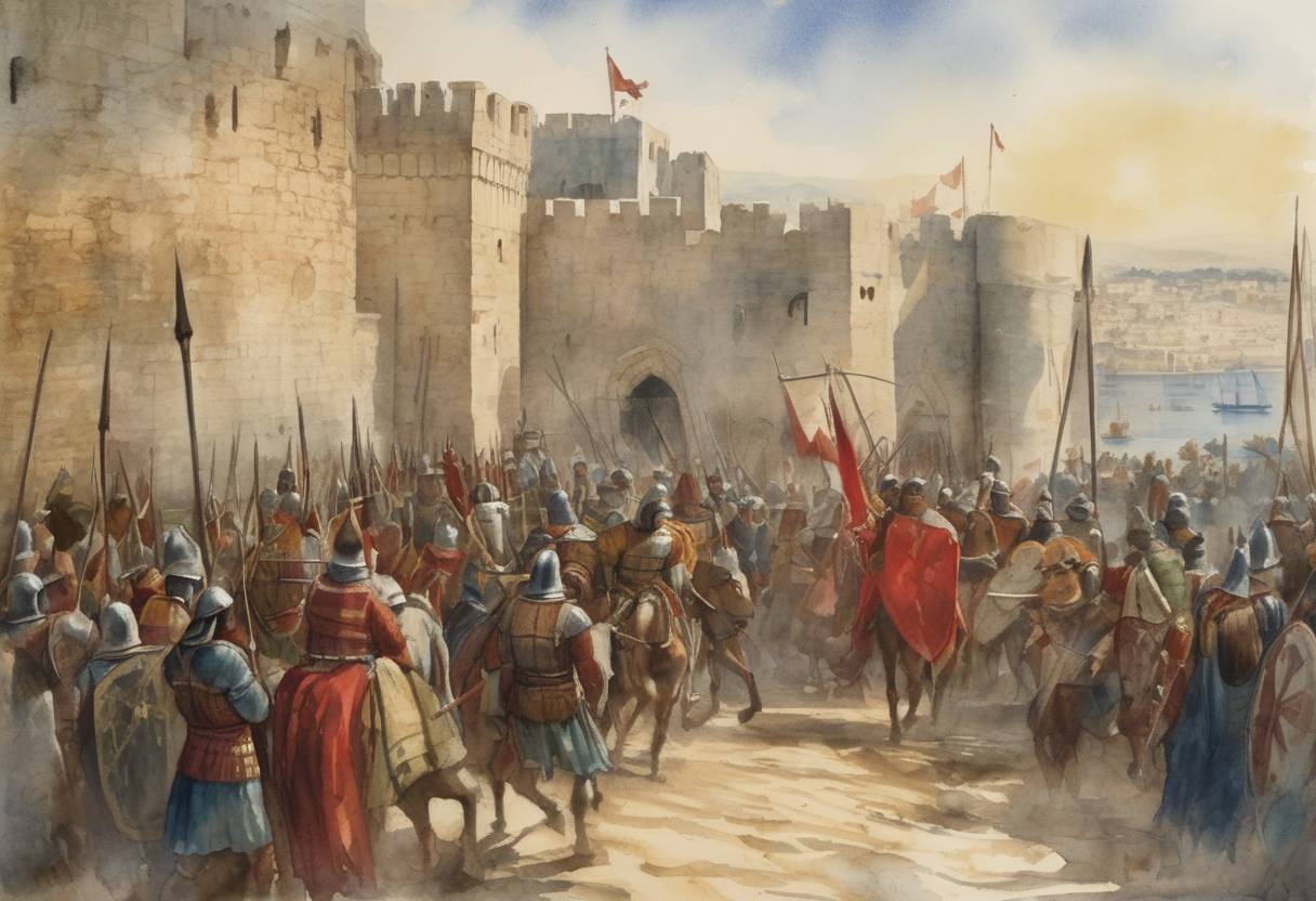 Watercolor painting based depiction of The Crusaders captured Sidon during the First Crusade, expanding the Kingdom of Jerusalem's territory. (1110)