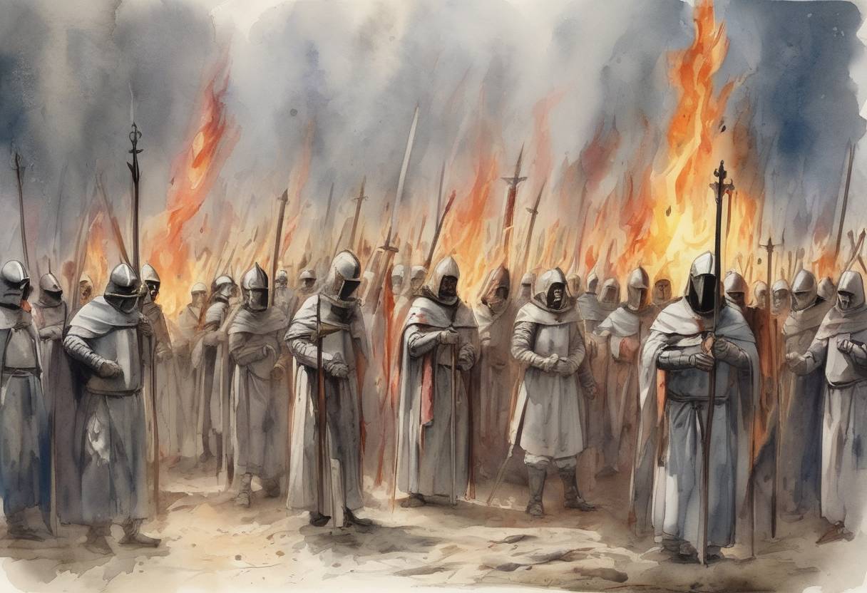 Watercolor painting based depiction of 54 members of the Knights Templar are burned at the stake in France as heretics. (1310)