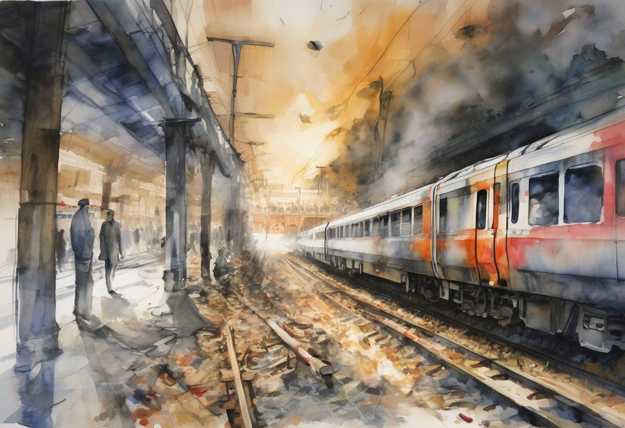 Watercolor painting based depiction of A series of coordinated bombings occurred on the commuter train system in Madrid, Spain, killing 193 people and injuring around 2,000. The attacks were carried out by an al-Qaeda-inspired terrorist cell. (2004)