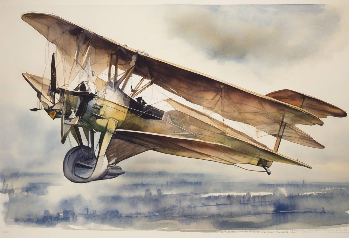 Watercolor painting based depiction of Charles Lindbergh took off from Roosevelt Field in New York, beginning the first solo nonstop transatlantic flight, which he completed the next day in Paris. (1927)
