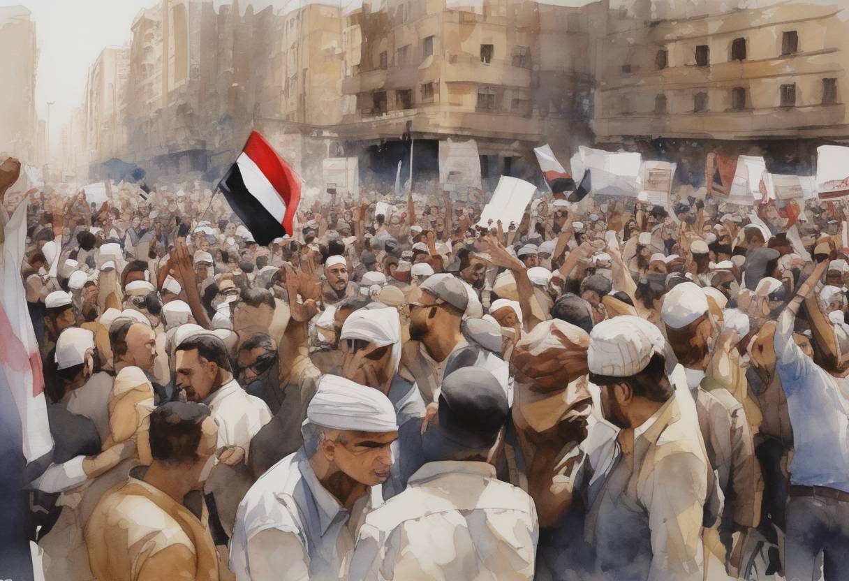 Watercolor painting based depiction of The Egyptian Revolution of 2011 continues as protesters gather in Tahrir Square, demanding the resignation of President Hosni Mubarak. (2011)
