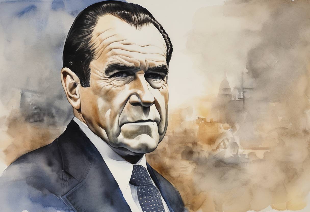 Watercolor painting based depiction of Richard Nixon became the first U.S. president to resign from office, following the Watergate scandal. (1974)