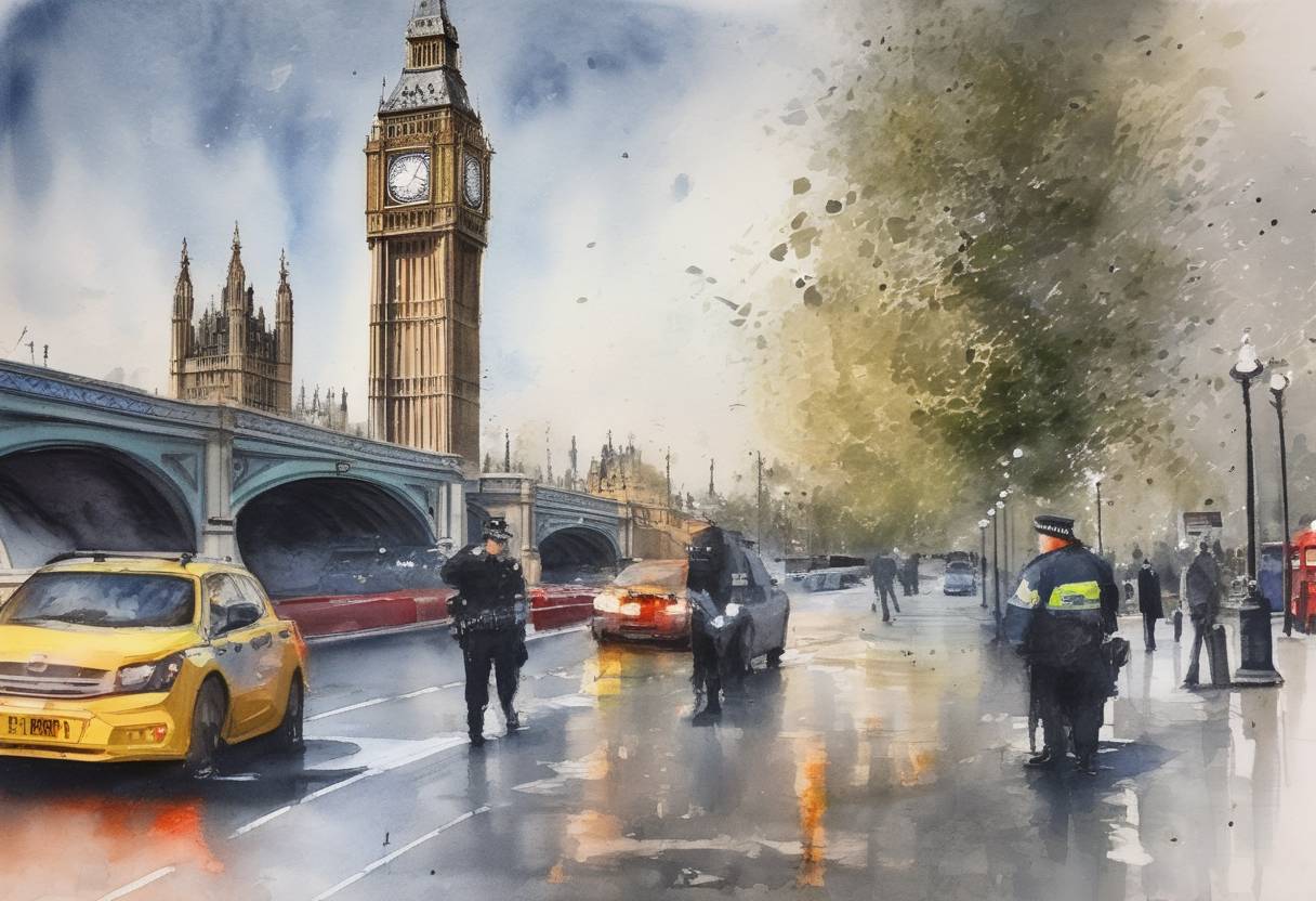 Watercolor painting based depiction of A terrorist attack took place in London, United Kingdom, when a car was driven into pedestrians on Westminster Bridge, and a police officer was stabbed outside the Houses of Parliament. The attacker was shot dead by police. The attack resulted in five deaths, including the attacker, and numerous injuries. (2017)