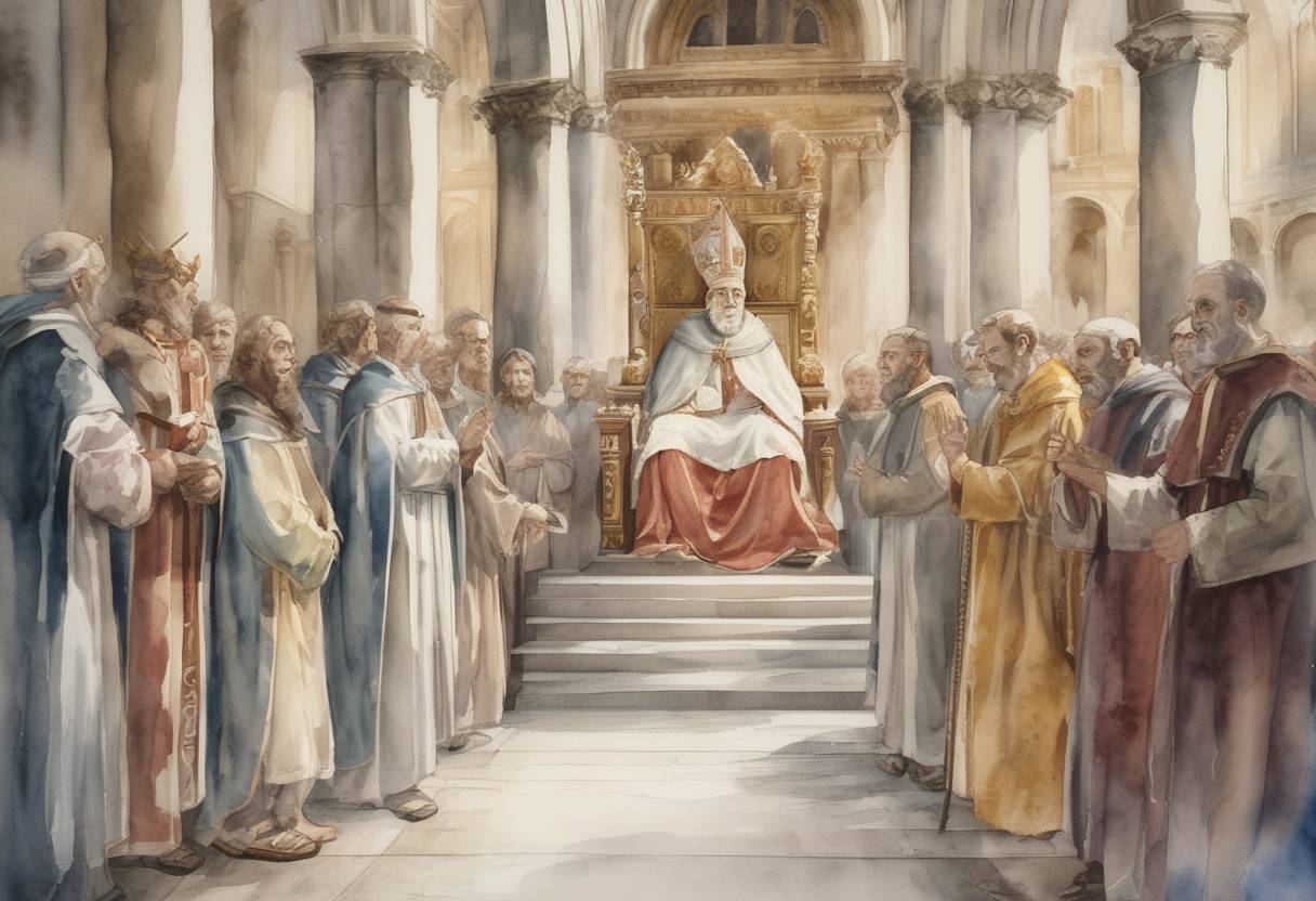 Watercolor painting based depiction of St. Ambrose, the Bishop of Milan, died. He was a significant figure in the early Christian Church, known for his influence on Western Christianity and his role in the conversion of St. Augustine. (397)