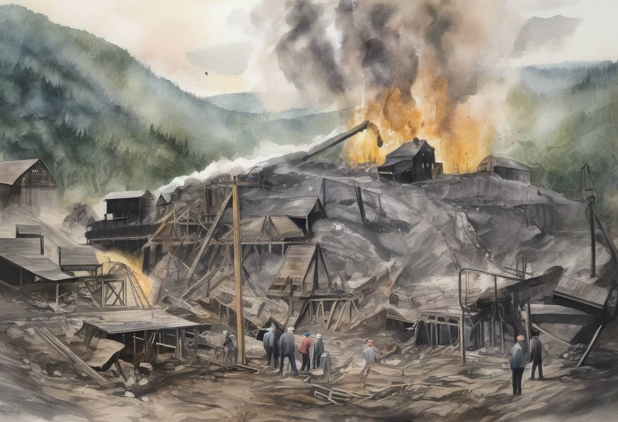 Watercolor painting based depiction of A coal mine explosion in Sago, West Virginia, traps 13 miners. Only one miner survives, leading to increased scrutiny and reforms in mine safety regulations. (2006)