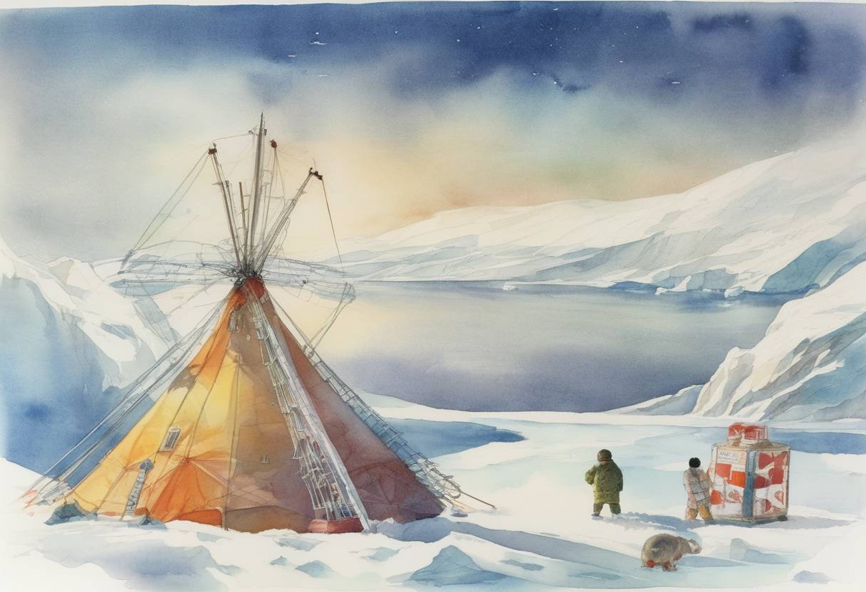 Watercolor painting based depiction of Japan's Naomi Uemura became the first person to reach the North Pole alone. (1978)