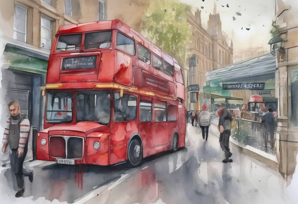 Watercolor painting based depiction of A terrorist attack occurred in London, where a van drove into pedestrians on London Bridge, followed by a stabbing spree at Borough Market, resulting in eight deaths and 48 injuries. (2017)