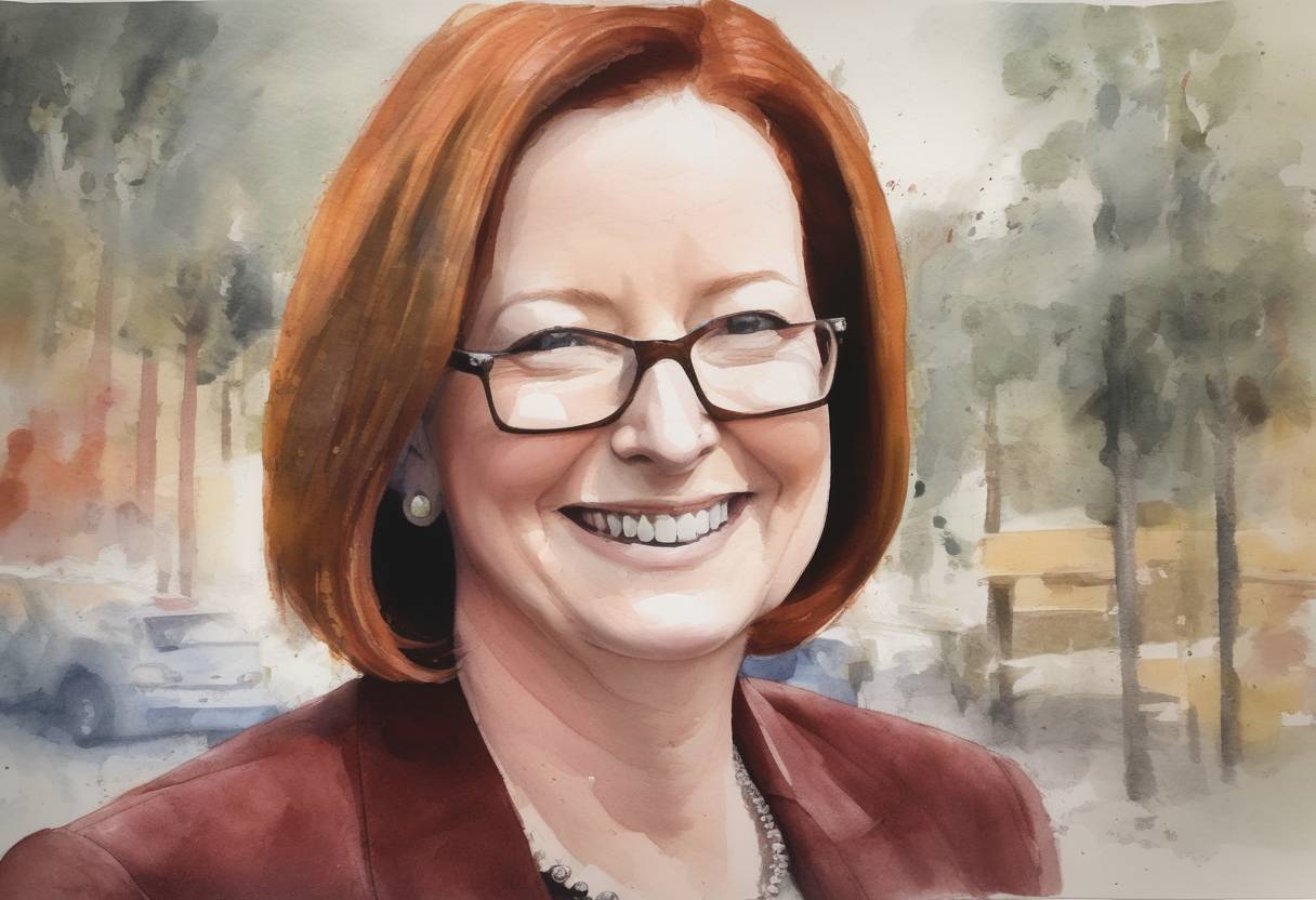 Watercolor painting based depiction of Julia Gillard became the first female Prime Minister of Australia after Kevin Rudd stepped down as leader of the Australian Labor Party. (2010)