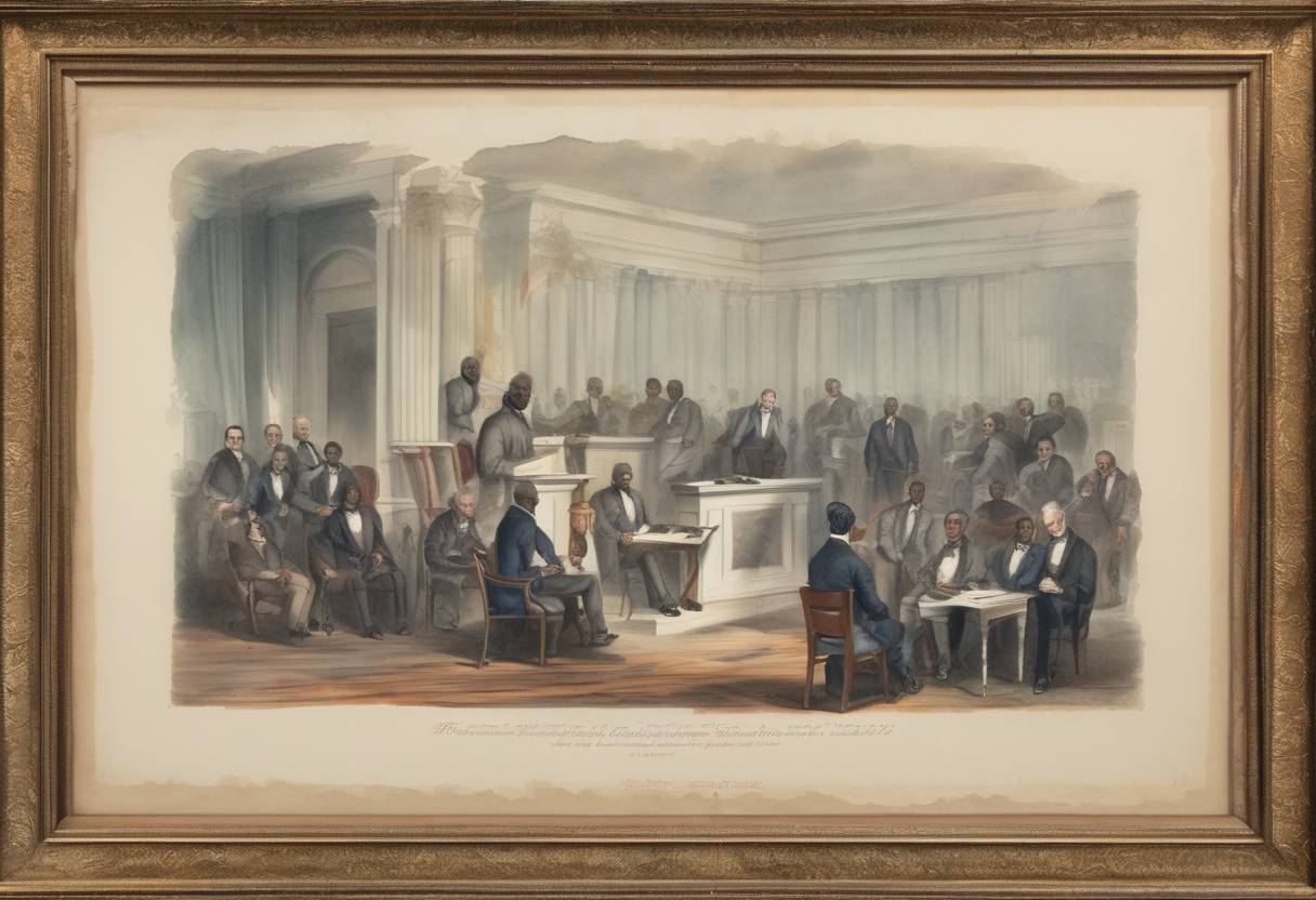 Watercolor painting based depiction of The U.S. Congress prohibits slavery in United States territories, nullifying the Dred Scott decision. (1862)