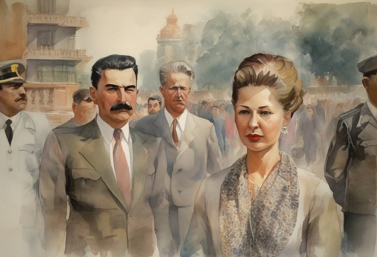 Watercolor painting based depiction of Joseph Stalin's daughter, Svetlana Alliluyeva, defects to the United States via the U.S. Embassy in New Delhi, India. (1967)