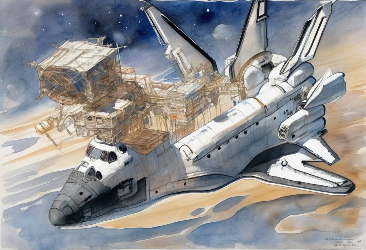 Watercolor painting based depiction of The Space Shuttle Atlantis docked with the Russian space station Mir for the first time, marking a significant moment in U.S.-Russia space cooperation. (1995)