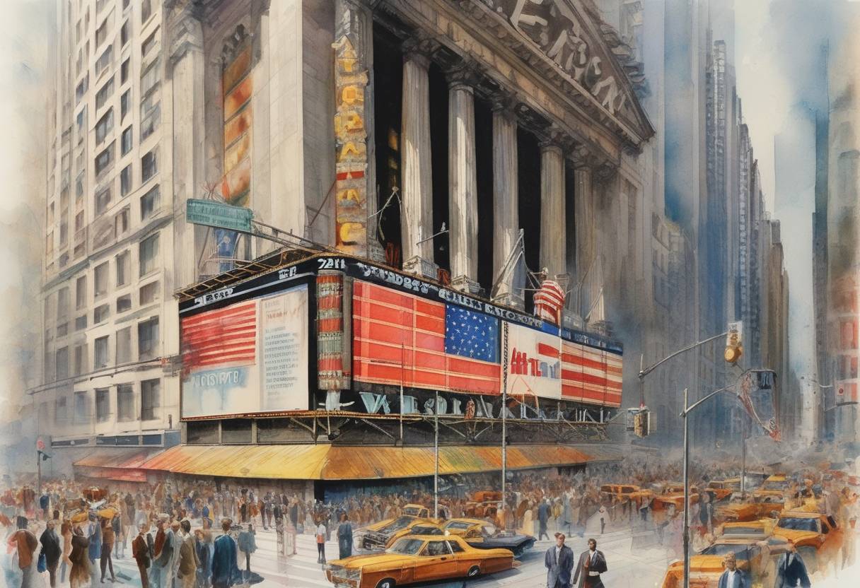 Watercolor painting based depiction of The NASDAQ stock market index opened for the first time, becoming the world's first electronic stock market. (1971)