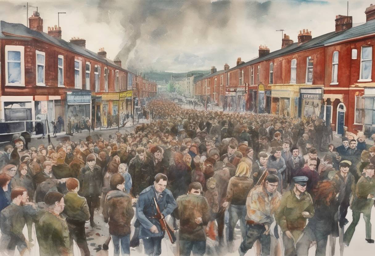 Watercolor painting based depiction of Bloody Sunday occurred in Derry, Northern Ireland, when British soldiers shot 26 unarmed civil rights protesters, killing 14. (1972)