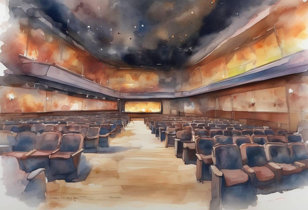 Watercolor painting based depiction of A mass shooting occurs at a movie theater in Aurora, Colorado, during a midnight screening of 'The Dark Knight Rises,' resulting in 12 deaths and 70 injuries. (2012)