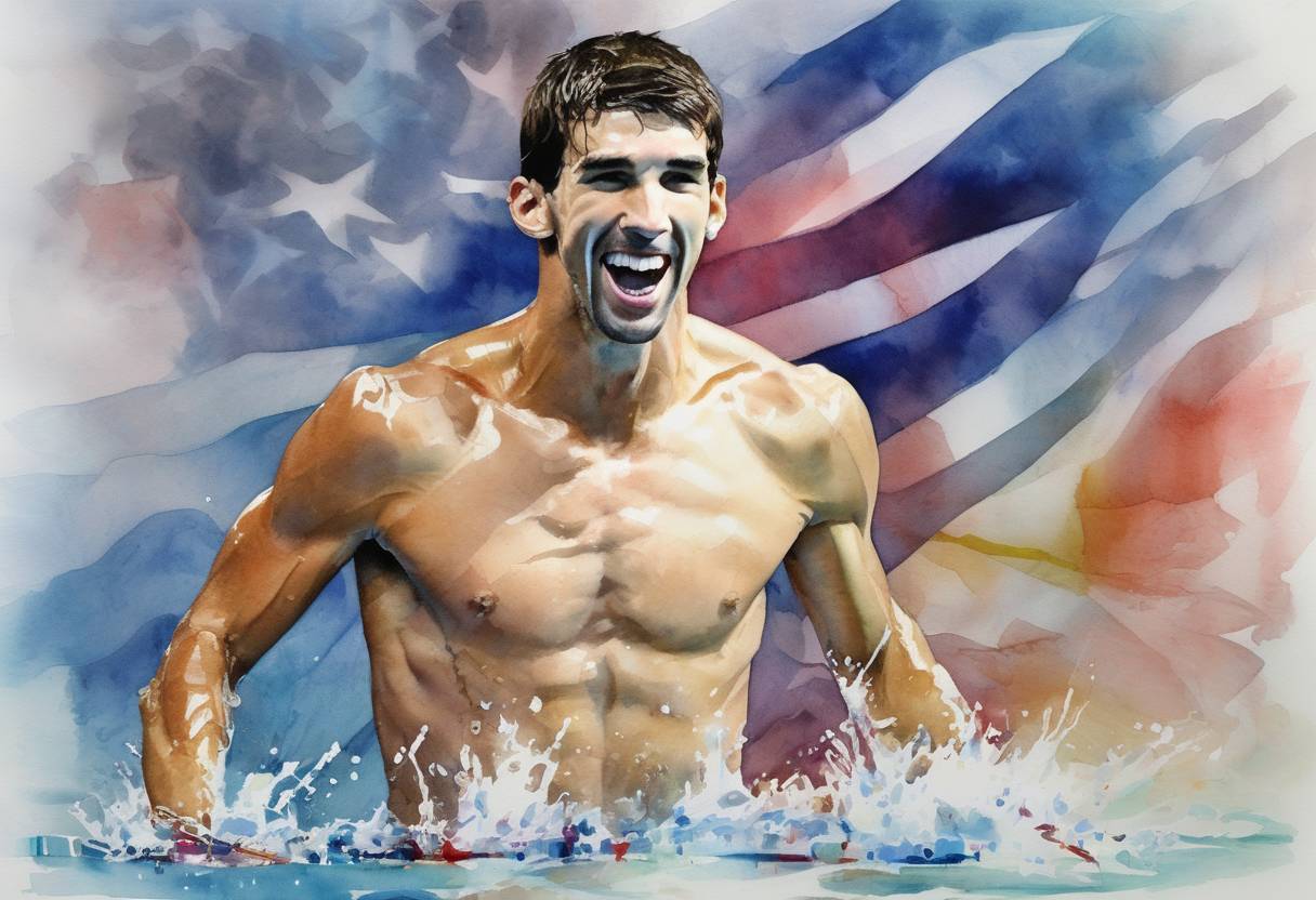 Watercolor painting based depiction of Michael Phelps wins his 19th Olympic medal, becoming the most decorated Olympian of all time, during the London 2012 Summer Olympics. (2012)