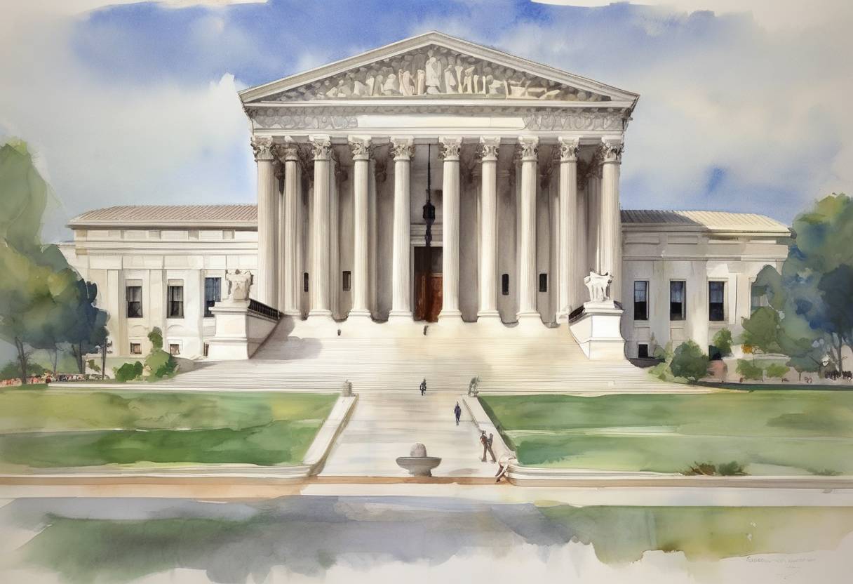 Watercolor painting based depiction of The United States Supreme Court decided Miranda v. Arizona, establishing the Miranda rights, a significant ruling in American criminal law. (1966)