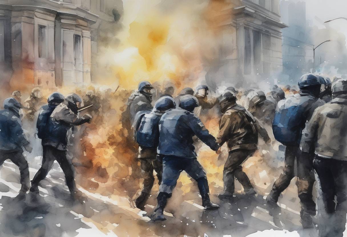 Watercolor painting based depiction of Violent clashes erupted in Kyiv, Ukraine, between protesters and police, marking a significant escalation in the Euromaidan protests. (2014)
