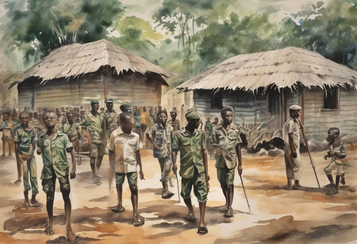 Watercolor painting based depiction of The Nigerian Civil War, also known as the Biafran War, began as the Eastern Region of Nigeria declared independence as the Republic of Biafra. The conflict lasted until 1970 and resulted in significant loss of life and humanitarian crises. (1967)