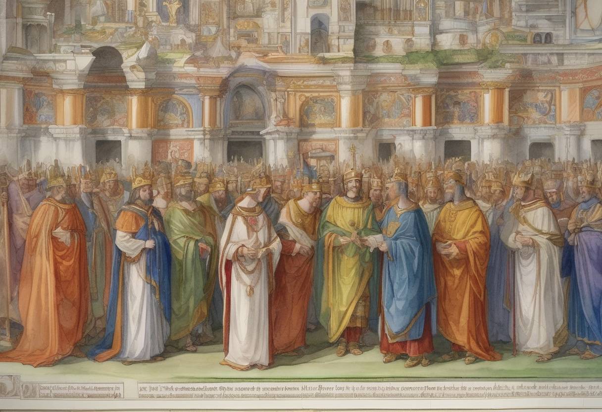 Watercolor painting based depiction of The Carolingian Renaissance, a period of cultural and intellectual revival in Europe, was symbolically marked by Charlemagne's coronation as Emperor. (800)