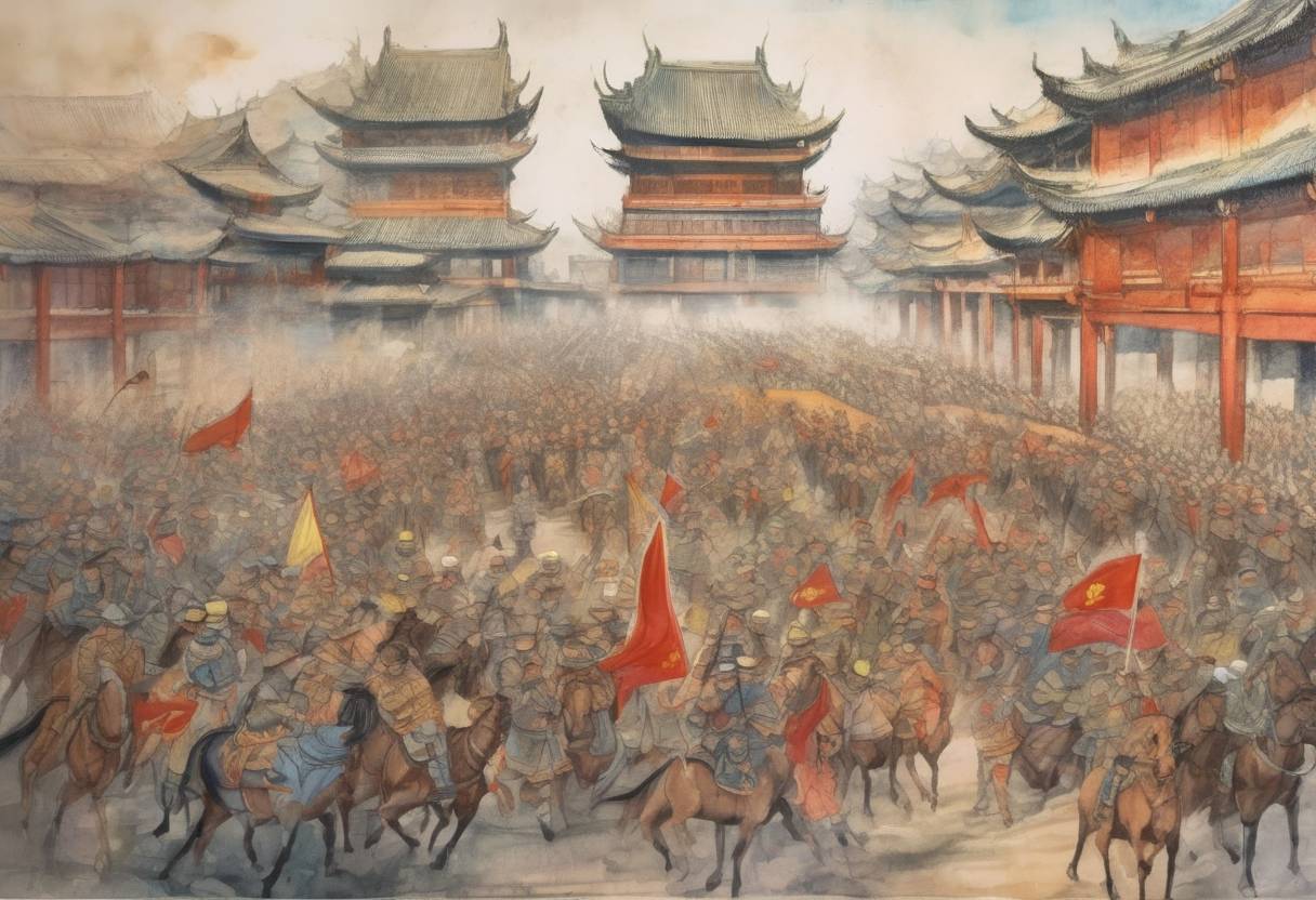 Watercolor painting based depiction of During the An Lushan Rebellion, the Tang dynasty recaptures Luoyang from the rebels. (762)
