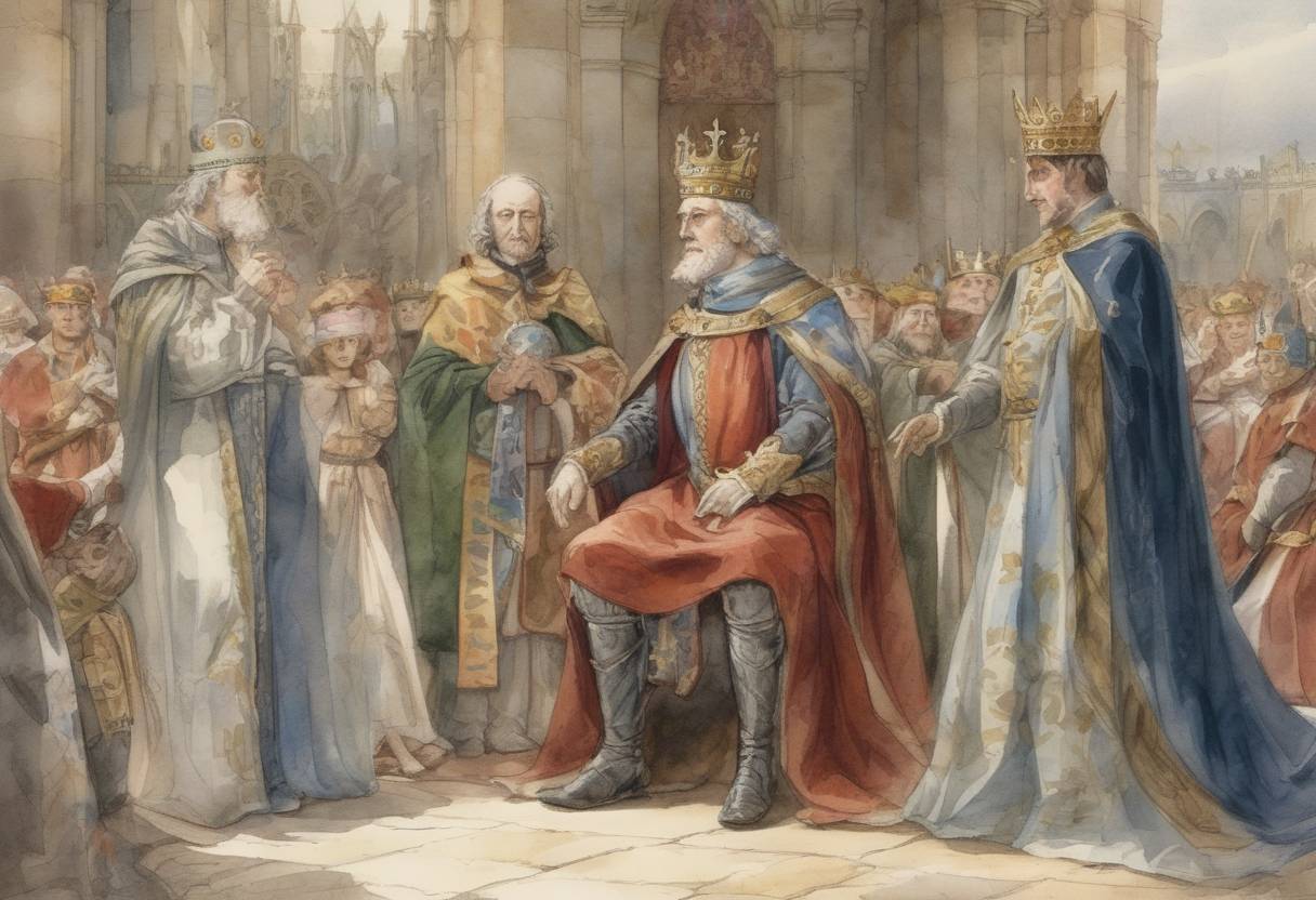 Watercolor painting based depiction of Edgar the Peaceful became King of all England, marking the beginning of a period of relative peace and consolidation in the kingdom. (959)