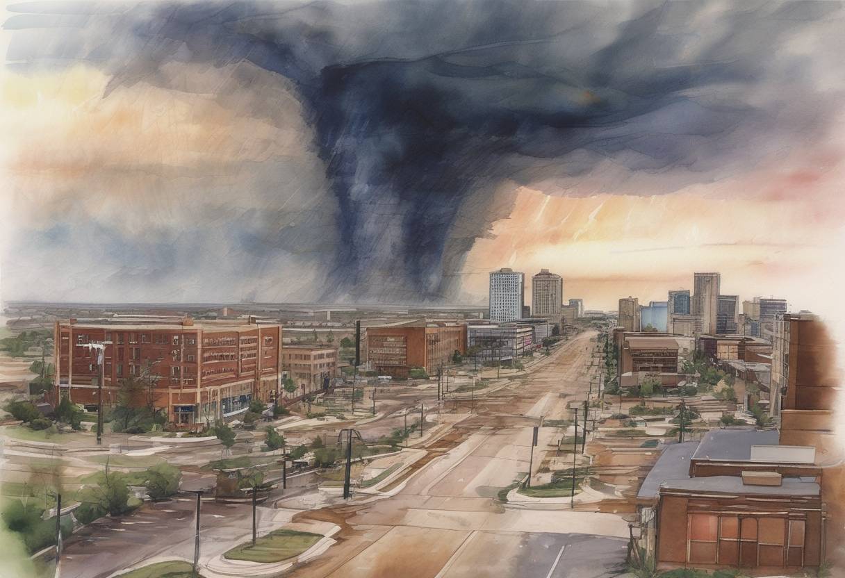 Watercolor painting based depiction of The southwestern portion of Oklahoma City was devastated by an F5 tornado, the strongest recorded in the area. (1999)