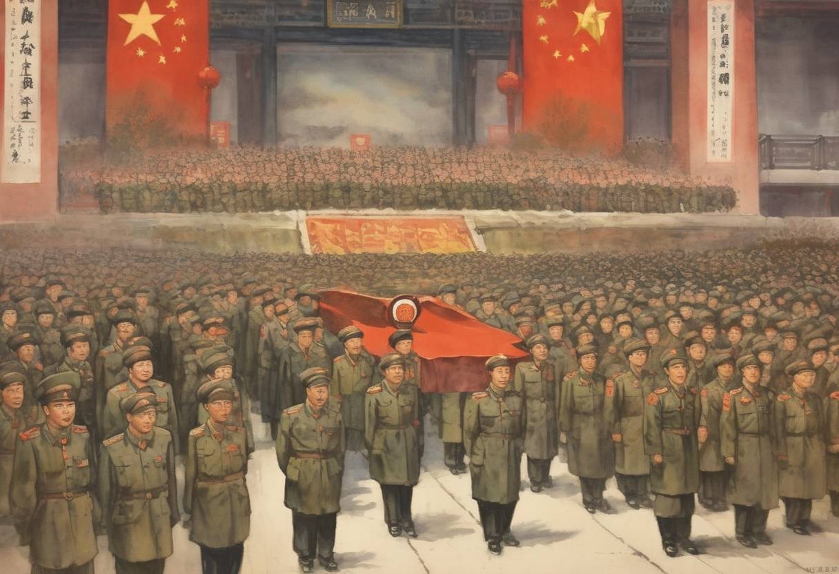 Watercolor painting based depiction of The People's Republic of China was officially proclaimed by Mao Zedong, marking the end of the Chinese Civil War and the beginning of communist rule in China. (1949)