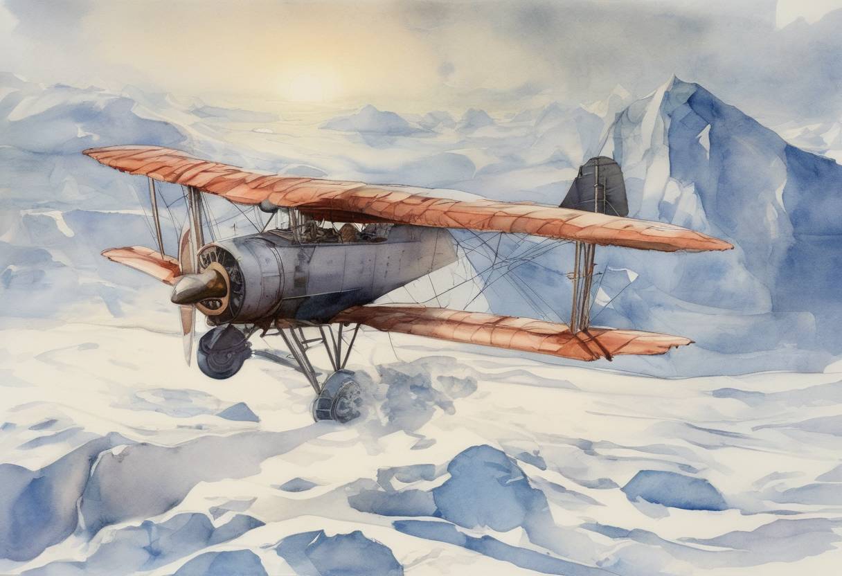 Watercolor painting based depiction of U.S. Admiral Richard E. Byrd became the first person to fly over the South Pole, marking a significant achievement in polar exploration. (1929)
