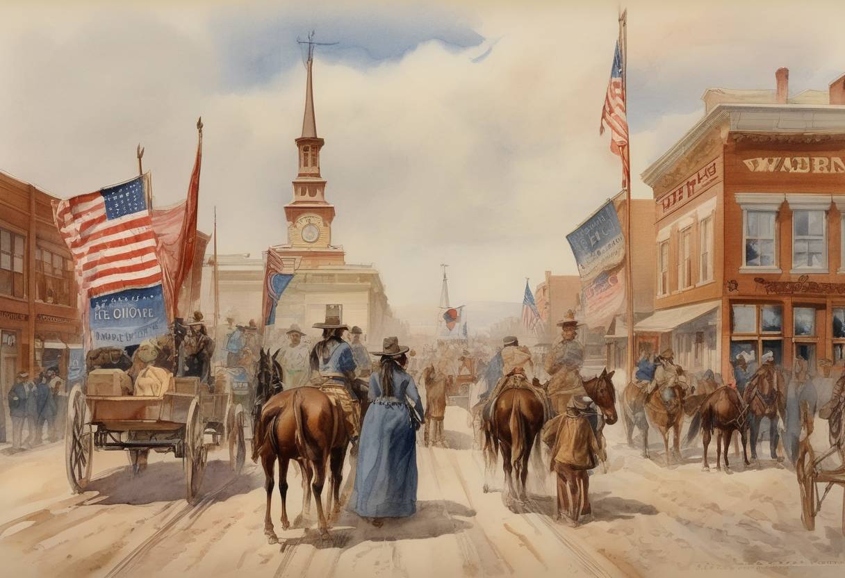 Watercolor painting based depiction of Wyoming was admitted as the 44th state of the United States, becoming the first state to grant women the right to vote. (1890)