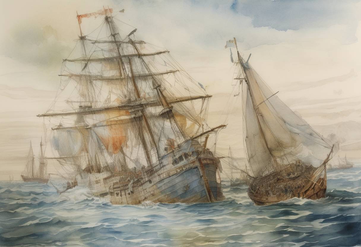 Watercolor painting based depiction of The White Ship sinks in the English Channel, leading to the death of William Adelin, heir to the English throne. (1120)