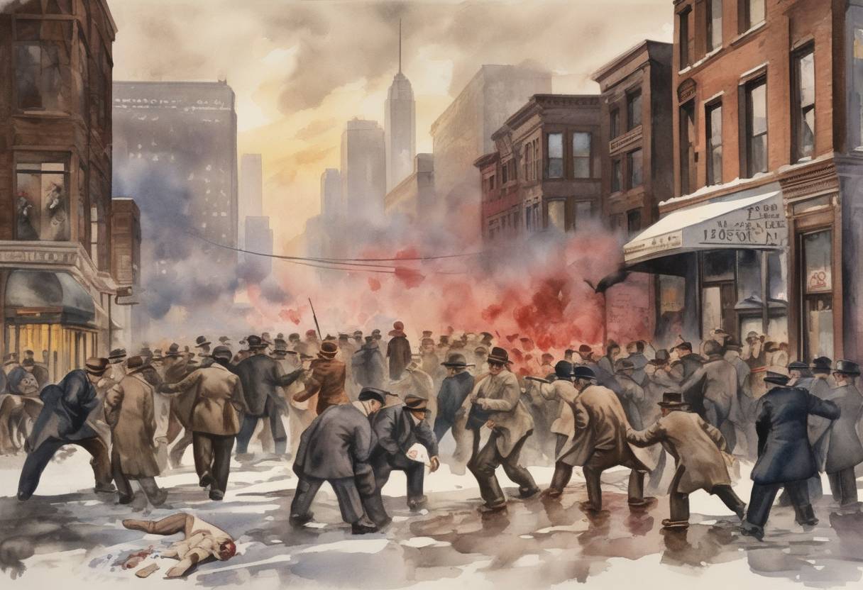 Watercolor painting based depiction of The Saint Valentine's Day Massacre took place in Chicago, where seven members of Chicago's North Side Gang were murdered, allegedly on the orders of Al Capone. (1929)