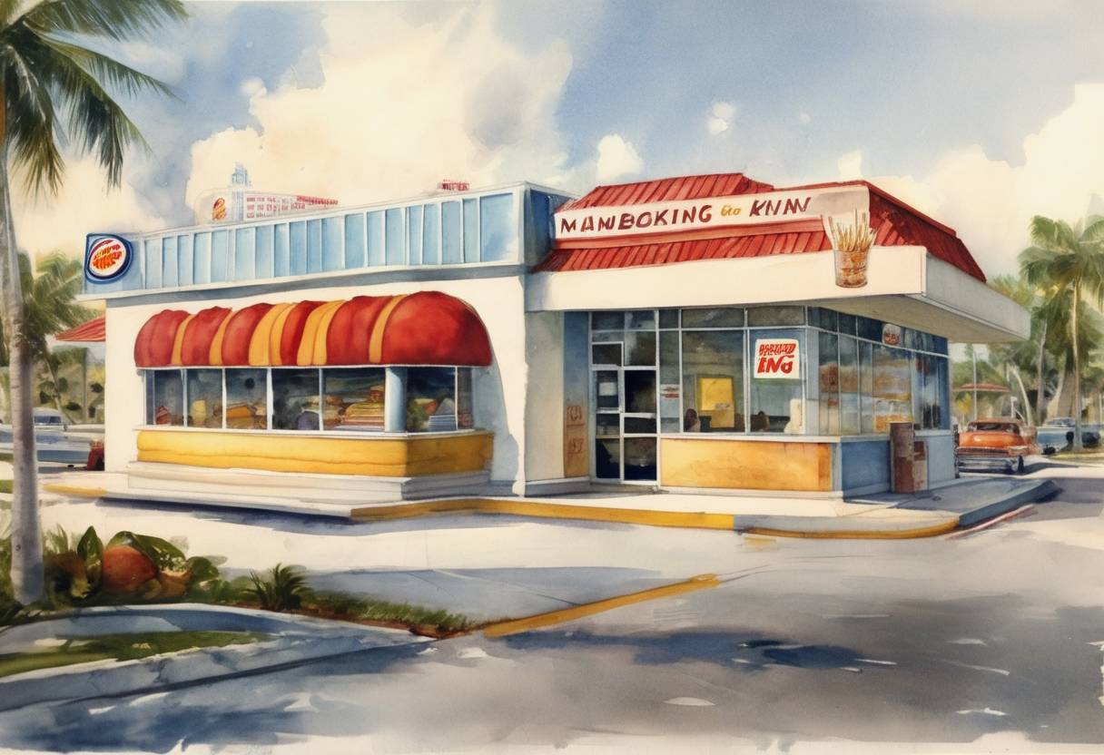 Watercolor painting based depiction of The first Burger King is opened in Miami, Florida, marking the beginning of one of the world's largest fast-food chains. (1954)