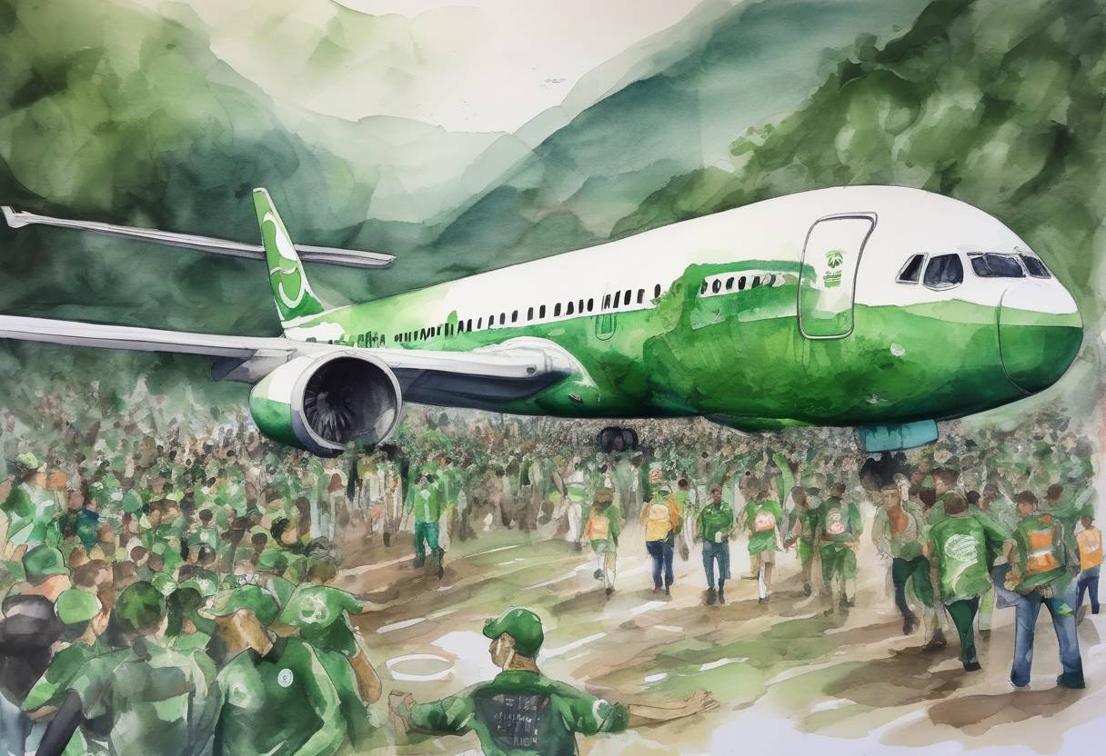 Watercolor painting based depiction of A plane carrying the Brazilian Chapecoense football team crashed in Colombia, killing 71 people, including players, coaches, and journalists, in a tragedy that shocked the sports world. (2016)