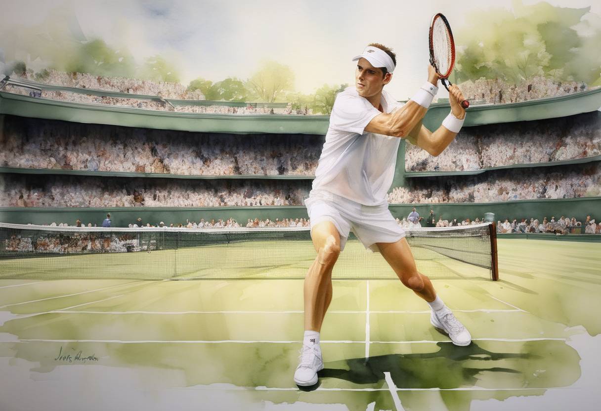 Watercolor painting based depiction of The longest match in professional tennis history began at Wimbledon, between John Isner and Nicolas Mahut, lasting 11 hours and 5 minutes over three days. (2010)