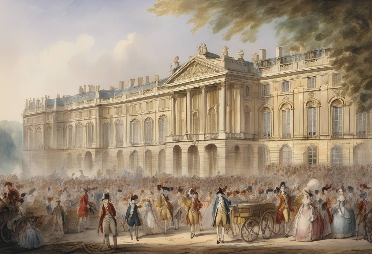 Watercolor painting based depiction of During the French Revolution, King Louis XVI and his family were forced to leave Versailles and move to Paris after a large crowd of Parisians, mostly women, marched to Versailles in what became known as the Women's March on Versailles. (1789)