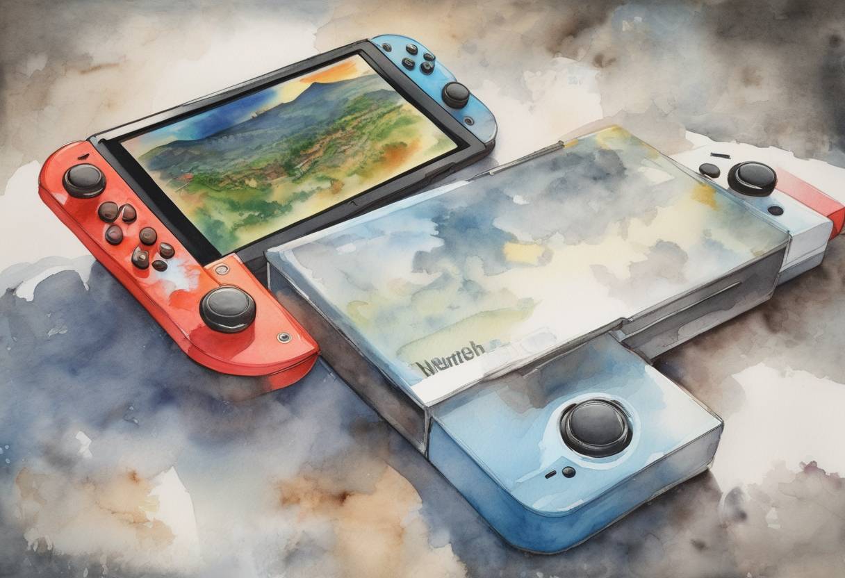 Watercolor painting based depiction of The Nintendo Switch, a hybrid video game console, was released worldwide, marking a significant success for Nintendo in the gaming industry. (2017)