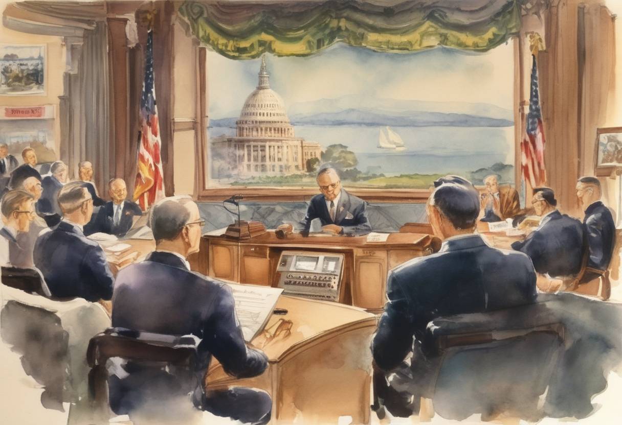 Watercolor painting based depiction of The first live transcontinental television broadcast took place in the United States, featuring President Harry Truman's speech at the Japanese Peace Treaty Conference in San Francisco. (1951)