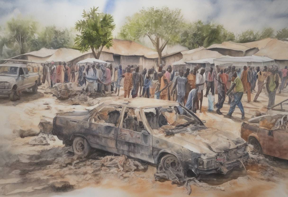 Watercolor painting based depiction of A series of coordinated suicide bombings occur in the northeastern Nigerian towns of Gombe and Damaturu, attributed to Boko Haram, resulting in numerous casualties. (2015)