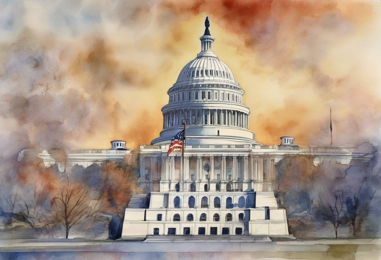 Watercolor painting based depiction of The USA PATRIOT Act was signed into law by President George W. Bush, significantly expanding the authority of U.S. law enforcement agencies for the stated purpose of fighting terrorism in the wake of the September 11 attacks. (2001)