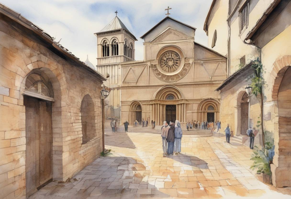Watercolor painting based depiction of An earthquake in central Italy kills 11 people and damages the Basilica of St. Francis in Assisi. (1997)