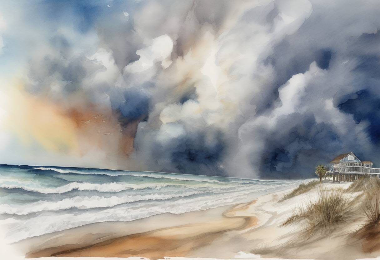 Watercolor painting based depiction of Hurricane Michael makes landfall in the Florida Panhandle as a Category 5 hurricane, causing widespread destruction and becoming the strongest storm to hit the continental U.S. since Hurricane Andrew in 1992. (2018)