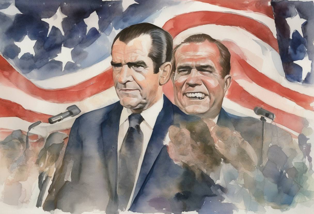 Watercolor painting based depiction of Richard Nixon was elected as the 37th President of the United States, defeating incumbent Vice President Hubert Humphrey. (1968)