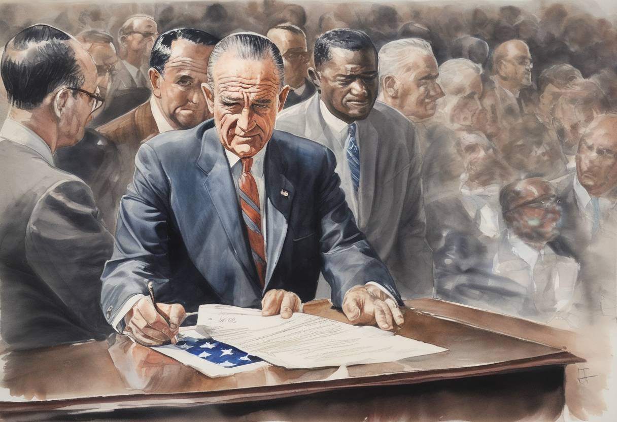 Watercolor painting based depiction of U.S. President Lyndon B. Johnson signed the Voting Rights Act into law, prohibiting racial discrimination in voting. (1965)